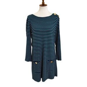 Sail to Sable Navy Blue & Green Striped Shift Dress Gold Buttons Size Large